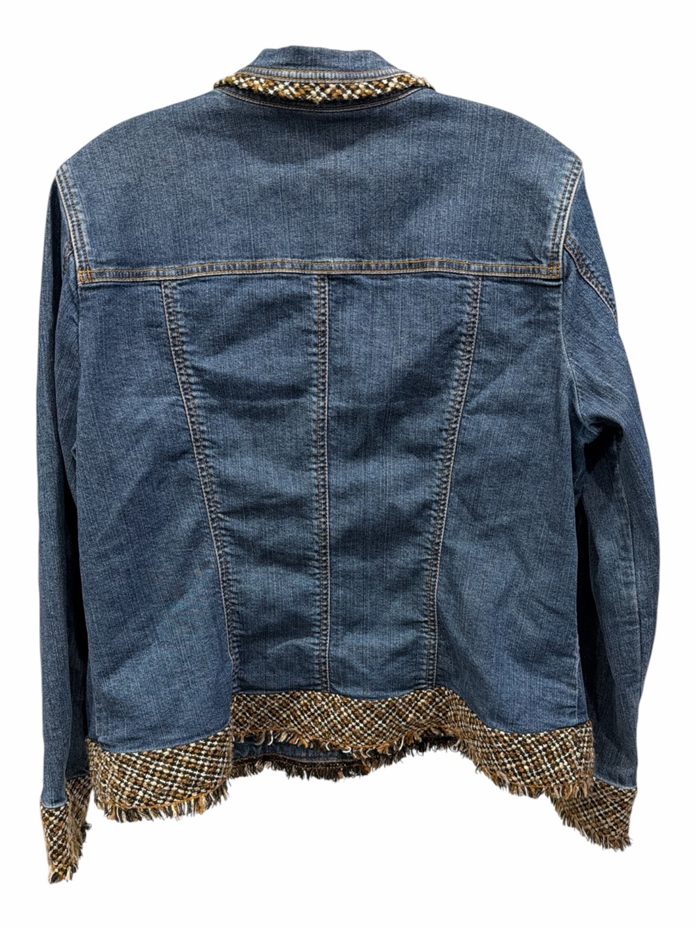 Coldwater Creek Denim Jacket Tweed Fringe Trim Stretch Blue Size 14 - Picture 3 of 7